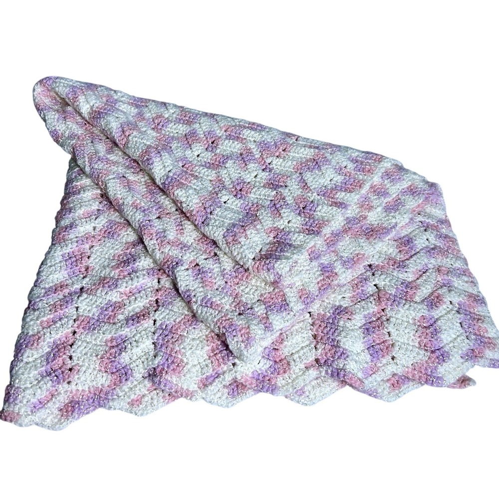 Handmade Crochet Baby Blanket 38x30 Pink Purple White Chevron Zig Zag Soft